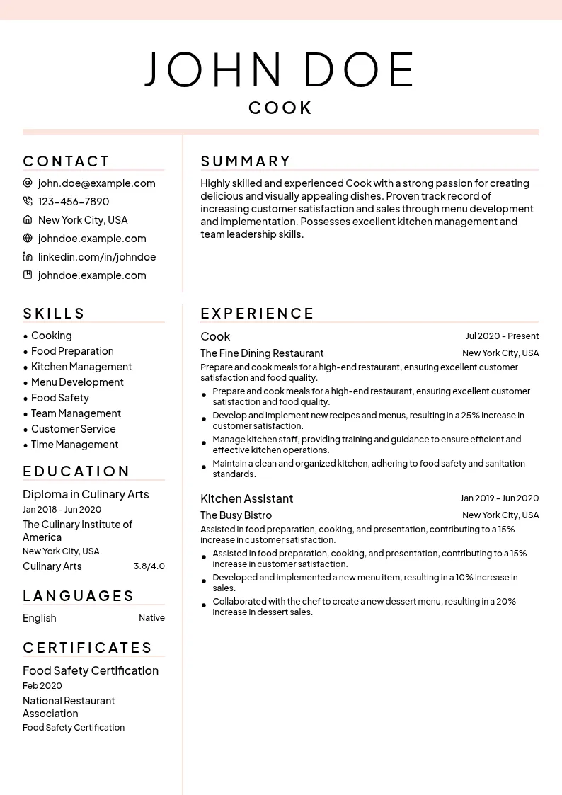 Cook resume example