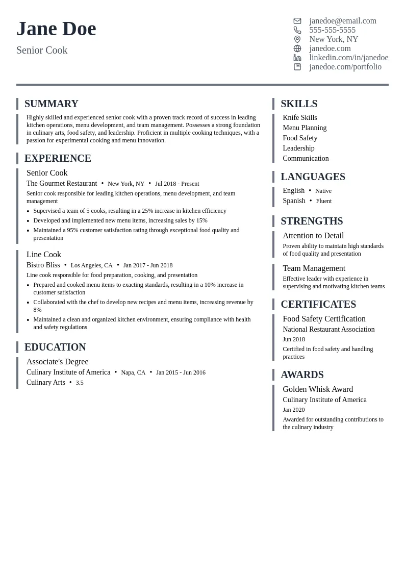 Senior Cook resume example