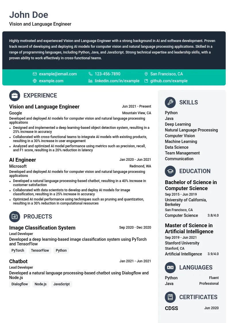 Vision and Language Engineer resume example