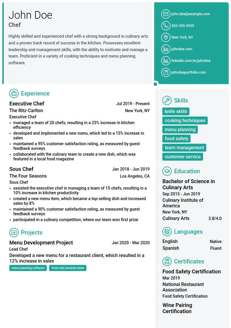 Chef resume example