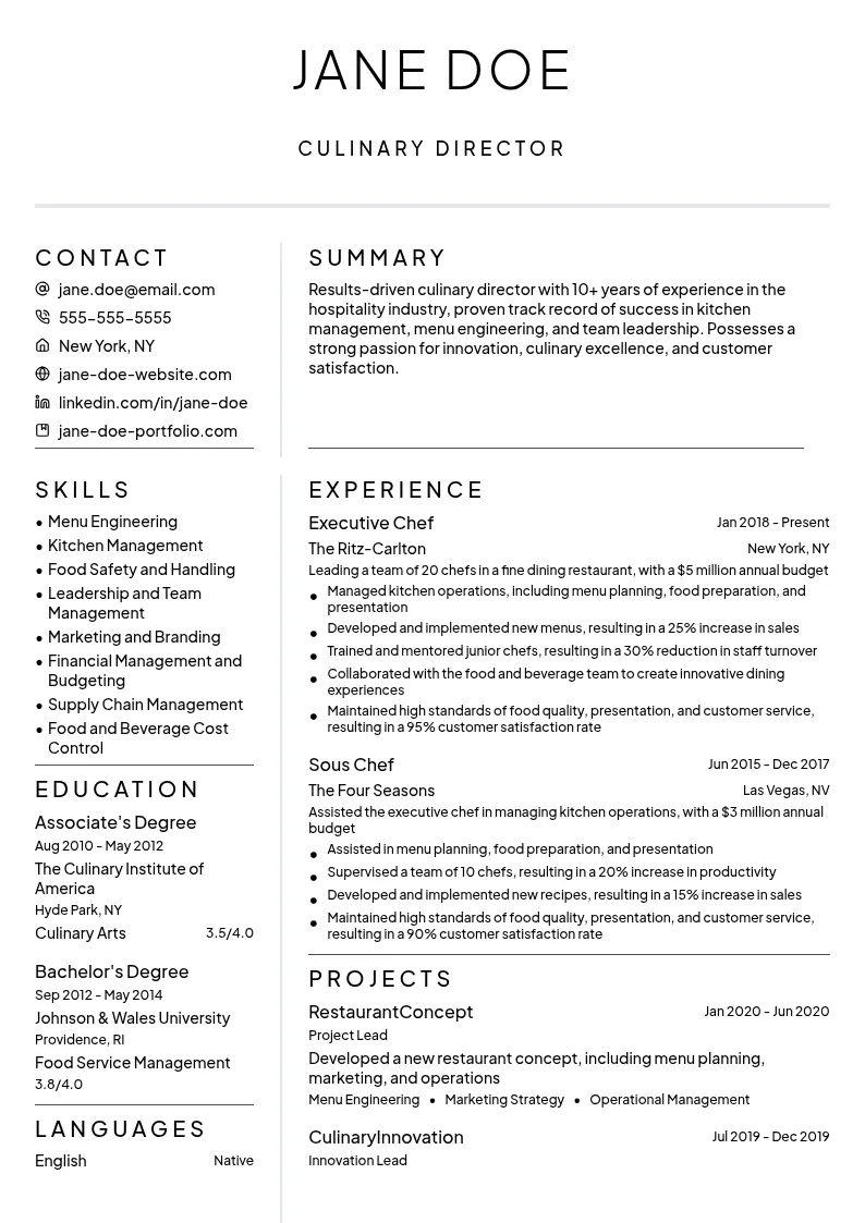 Culinary Director resume example
