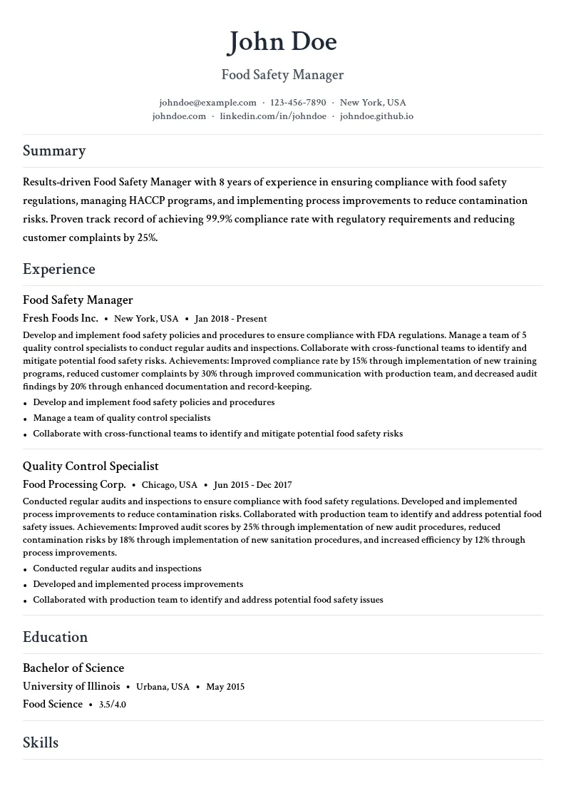 Food Safety Manager resume example