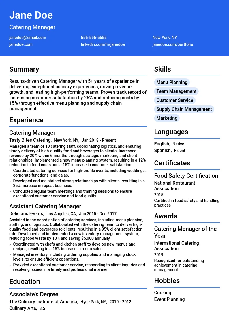Catering Manager resume example