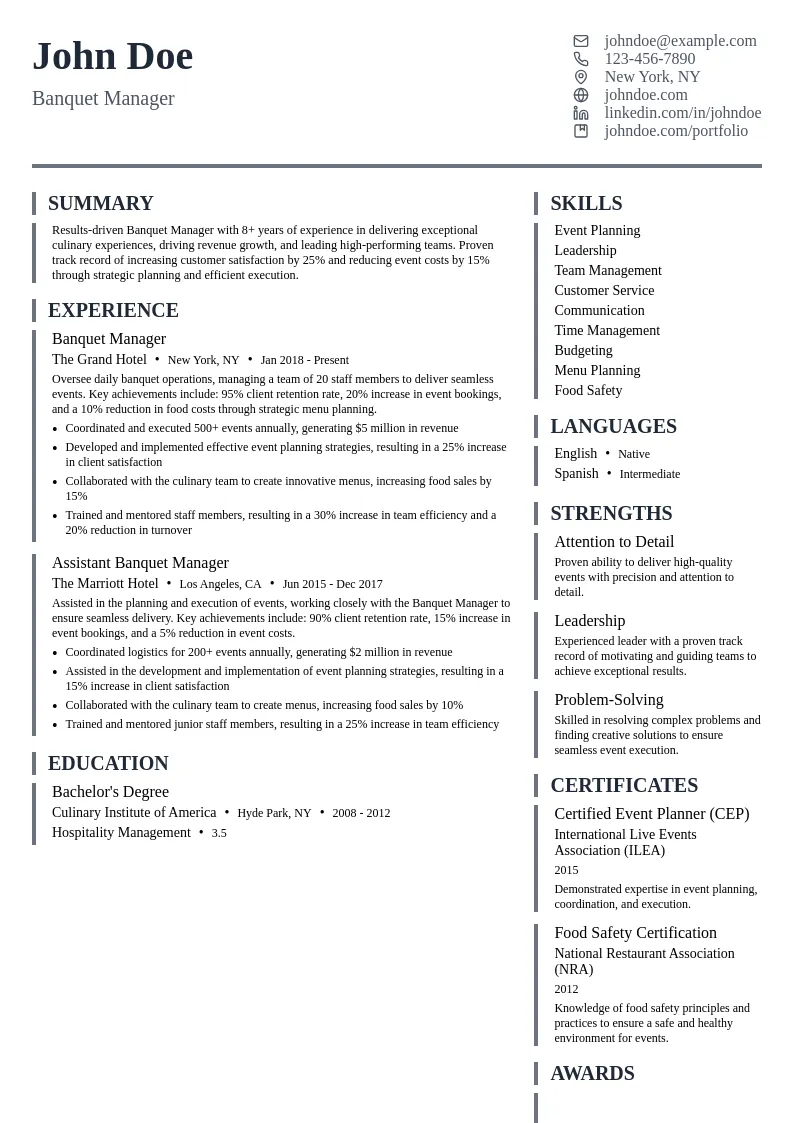 Banquet Manager resume example