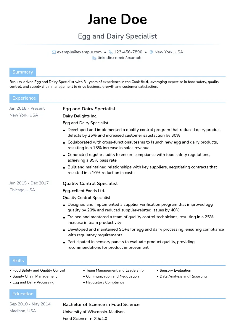 Egg and Dairy Specialist resume example