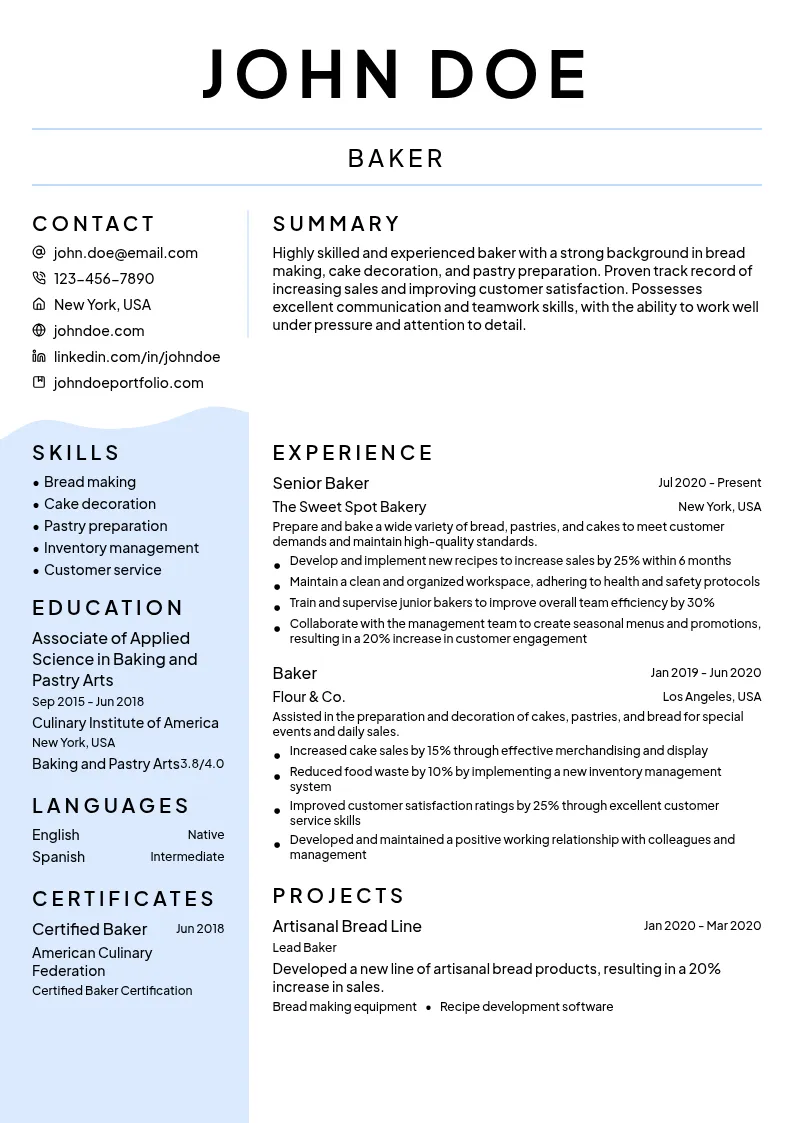 Baker resume example