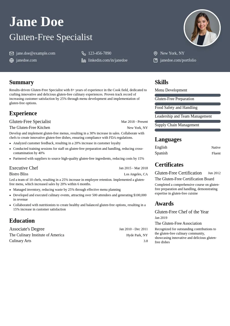 Gluten-Free Specialist resume example