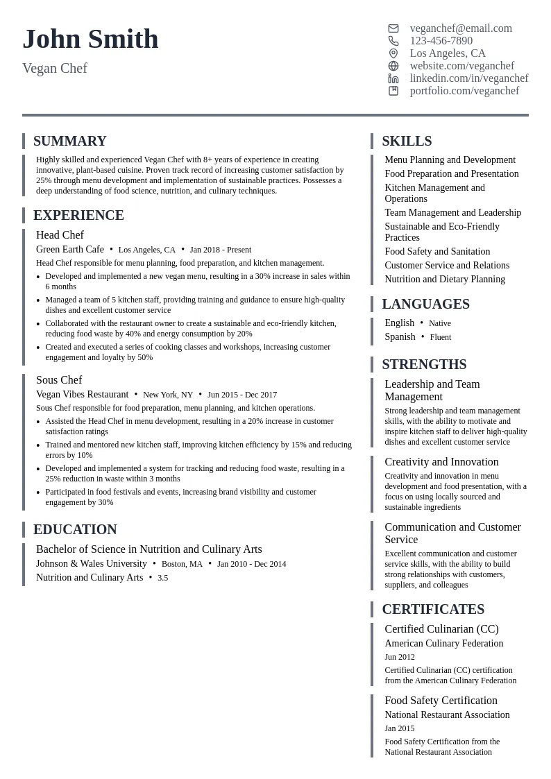Vegan Chef resume example