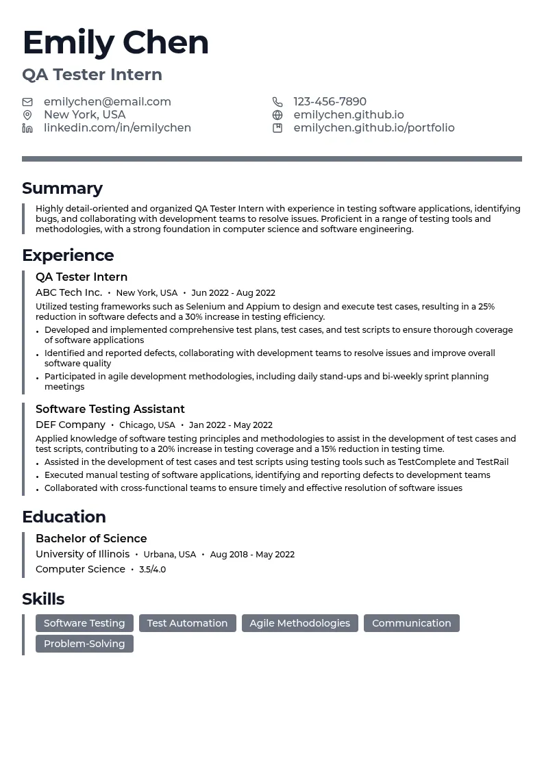 QA Tester Intern resume example