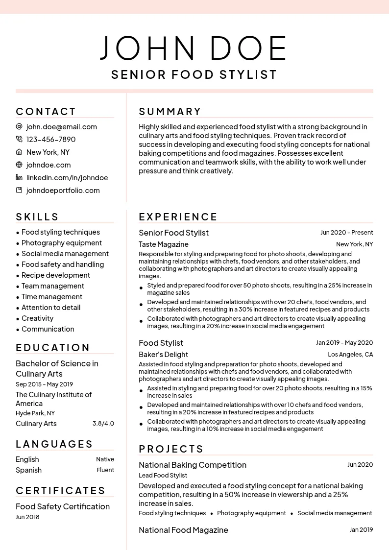 Food Stylist resume example