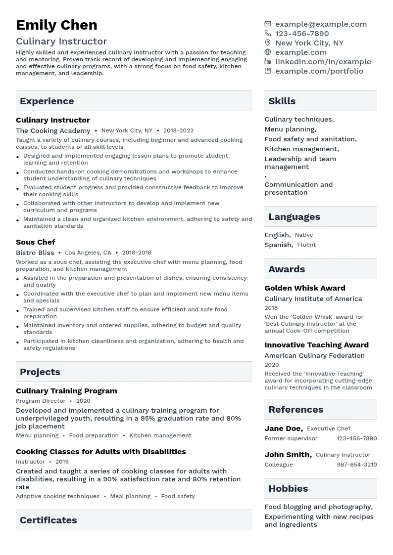 Culinary Instructor resume example