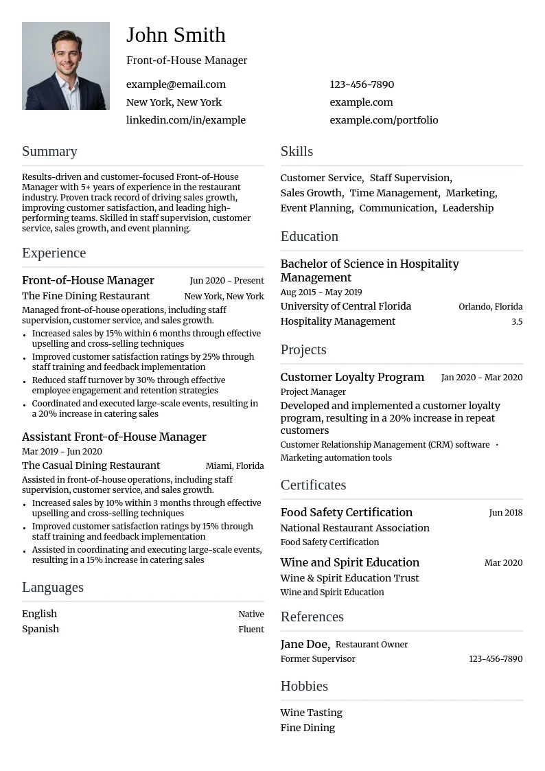 Front-of-House Manager resume example