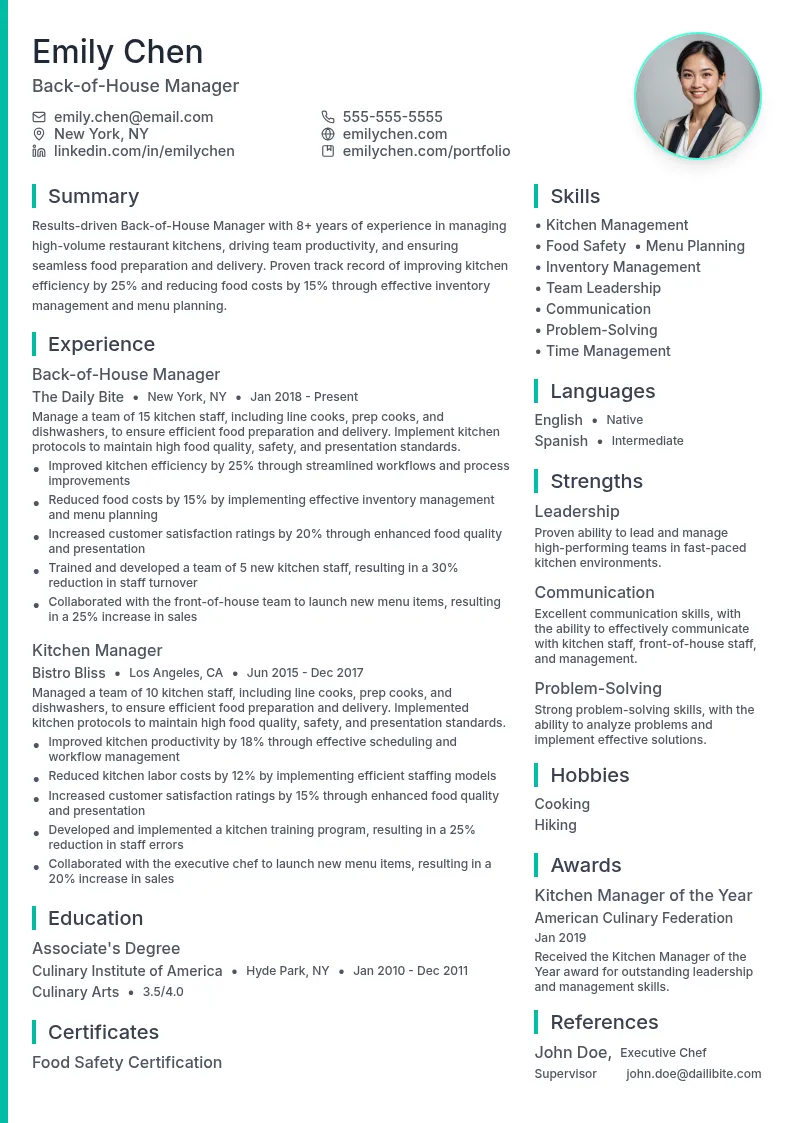 Back-of-House Manager resume example