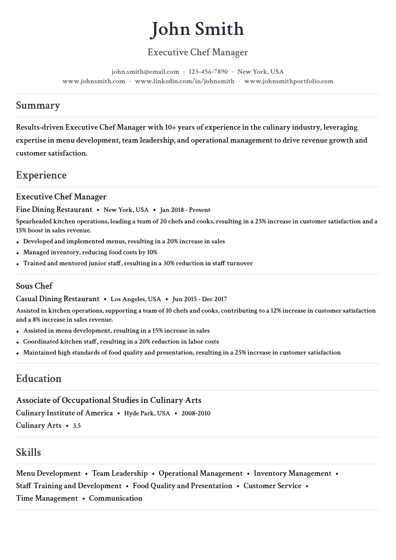 Executive Chef Manager resume example