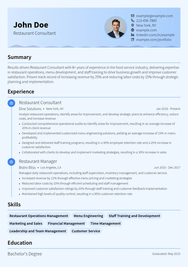 Restaurant Consultant resume example