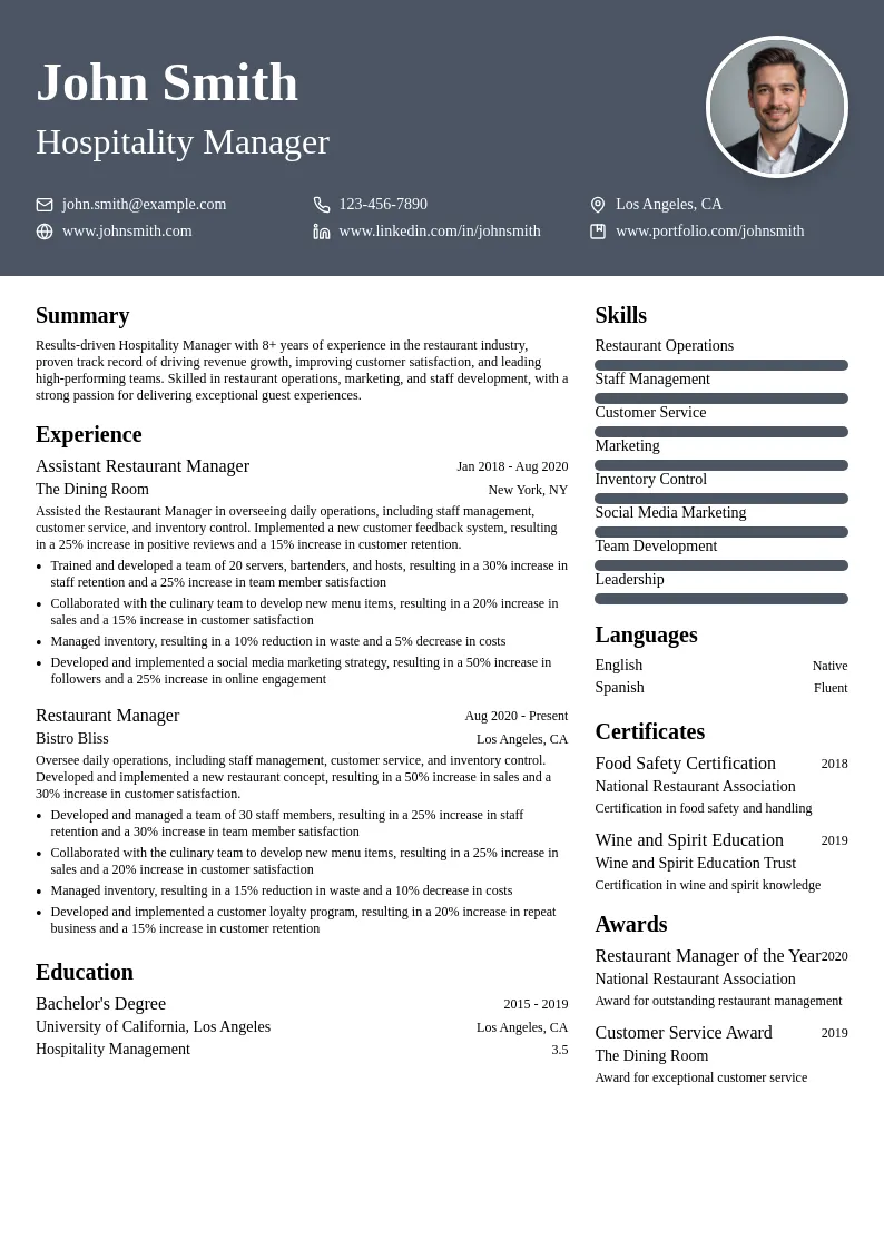 Hospitality Manager resume example