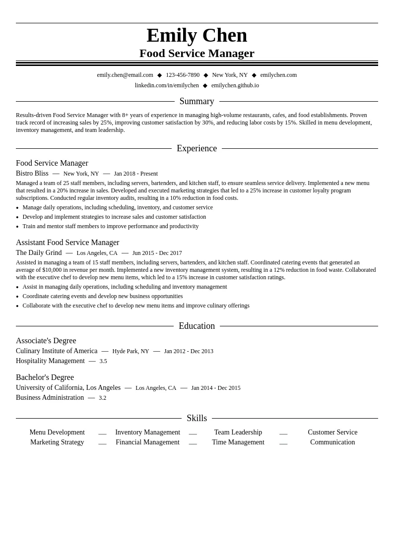 Food Service Manager resume example