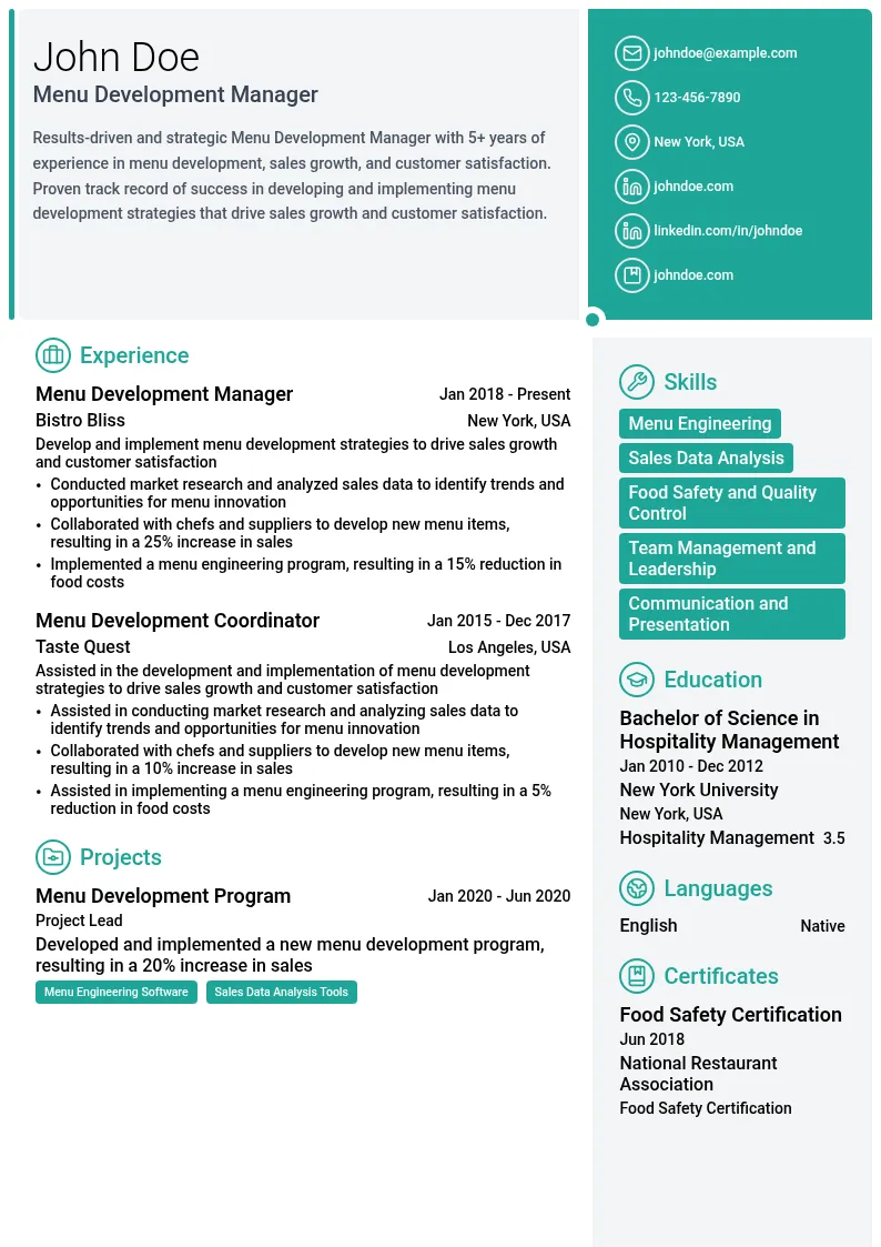 Menu Development Manager resume example