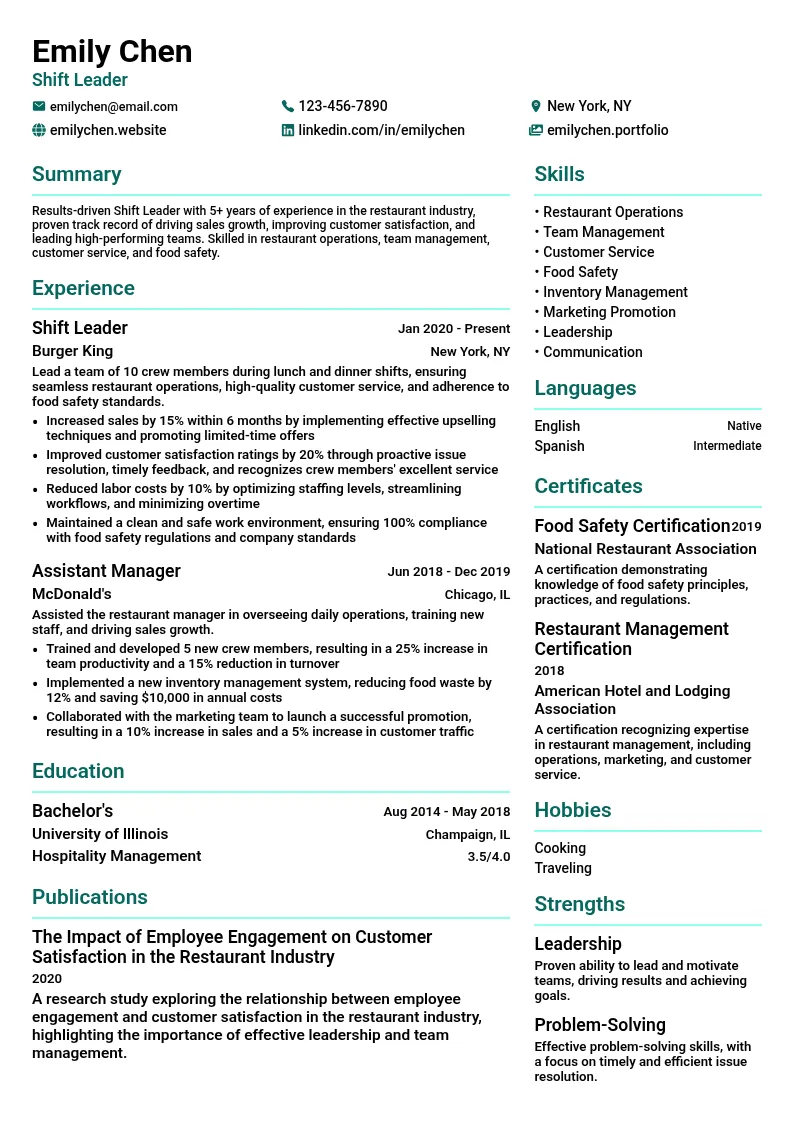 Shift Leader resume example