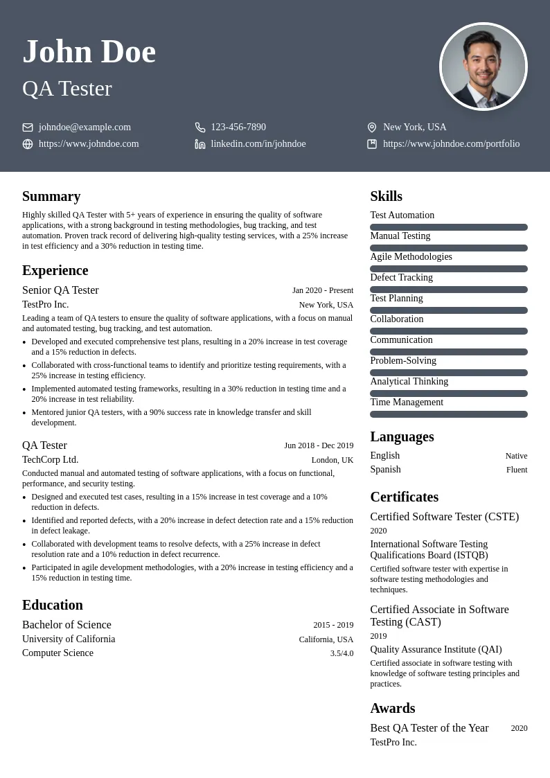 QA Tester resume example
