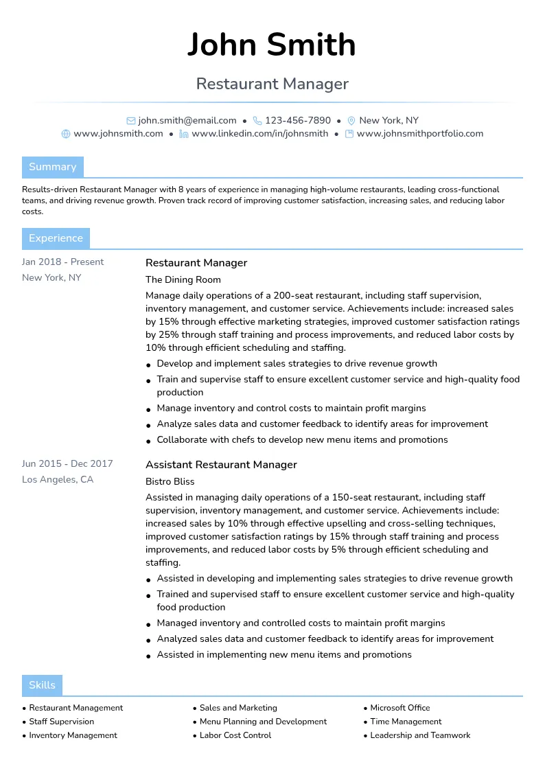 Restaurant Manager resume example