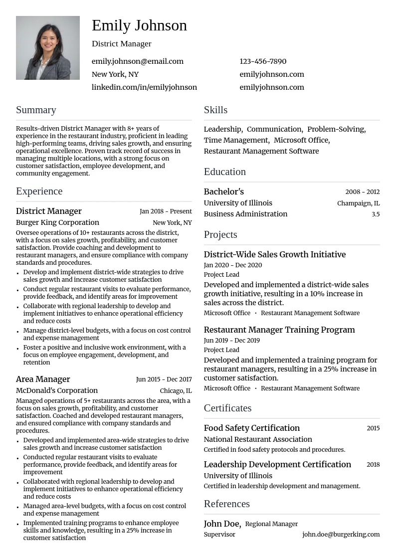 District Manager resume example