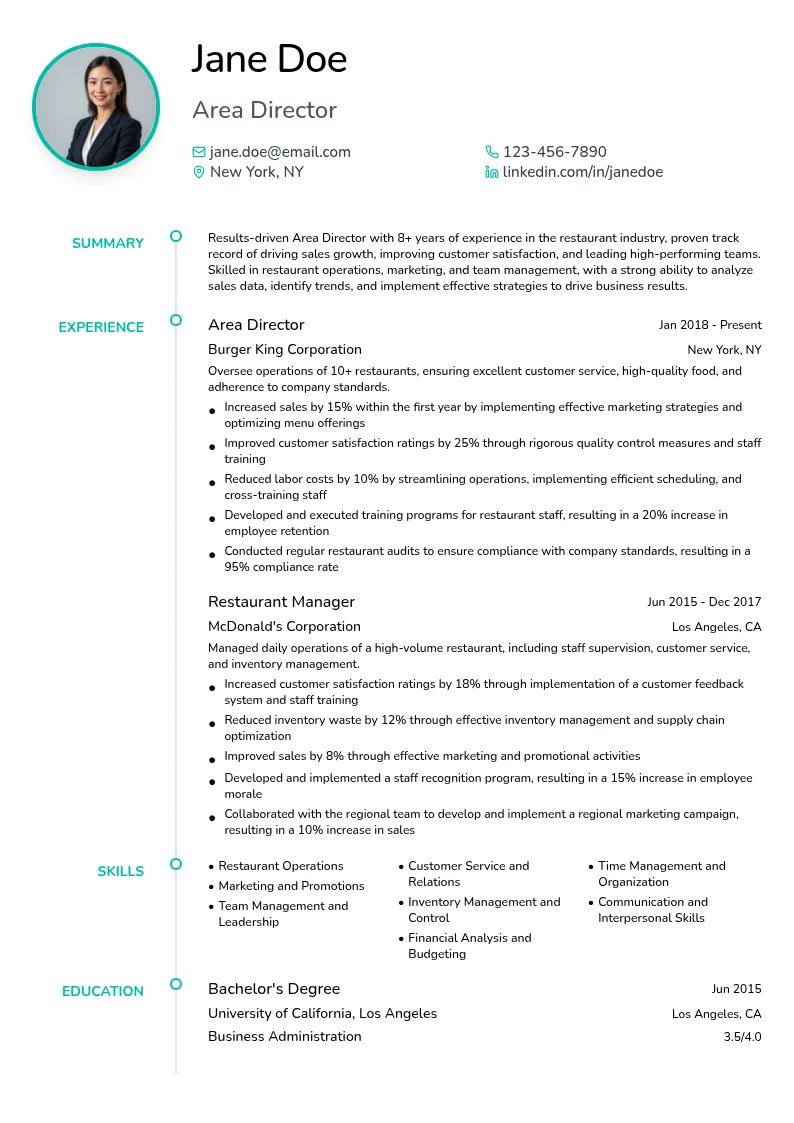 Area Director resume example
