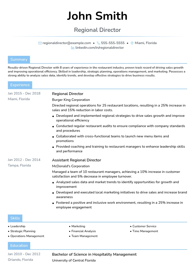Regional Director resume example