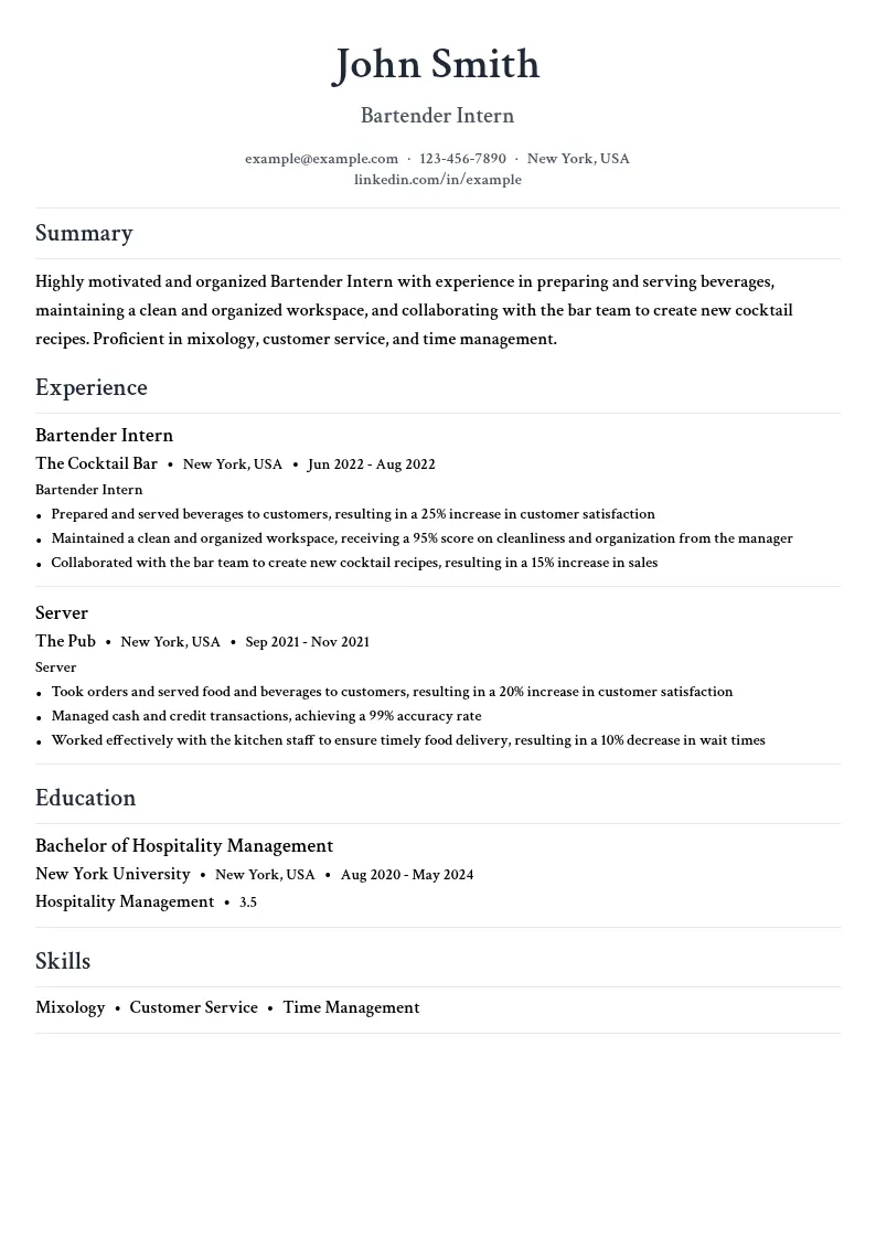 Bartender Intern resume example