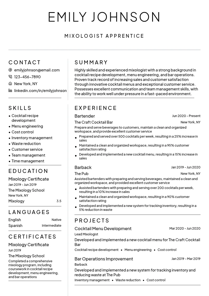 Mixologist Apprentice resume example