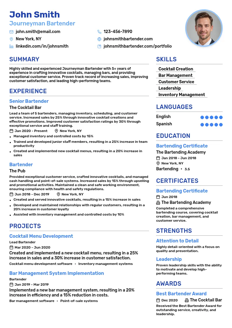 Journeyman Bartender resume example