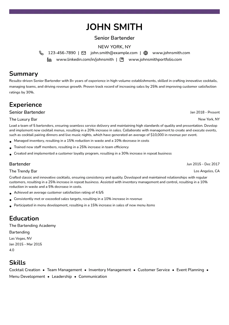 Senior Bartender resume example