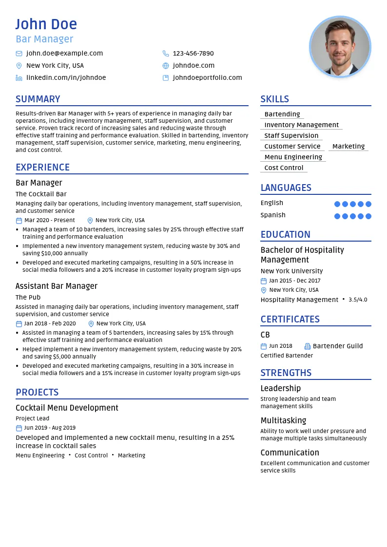 Bar Manager resume example