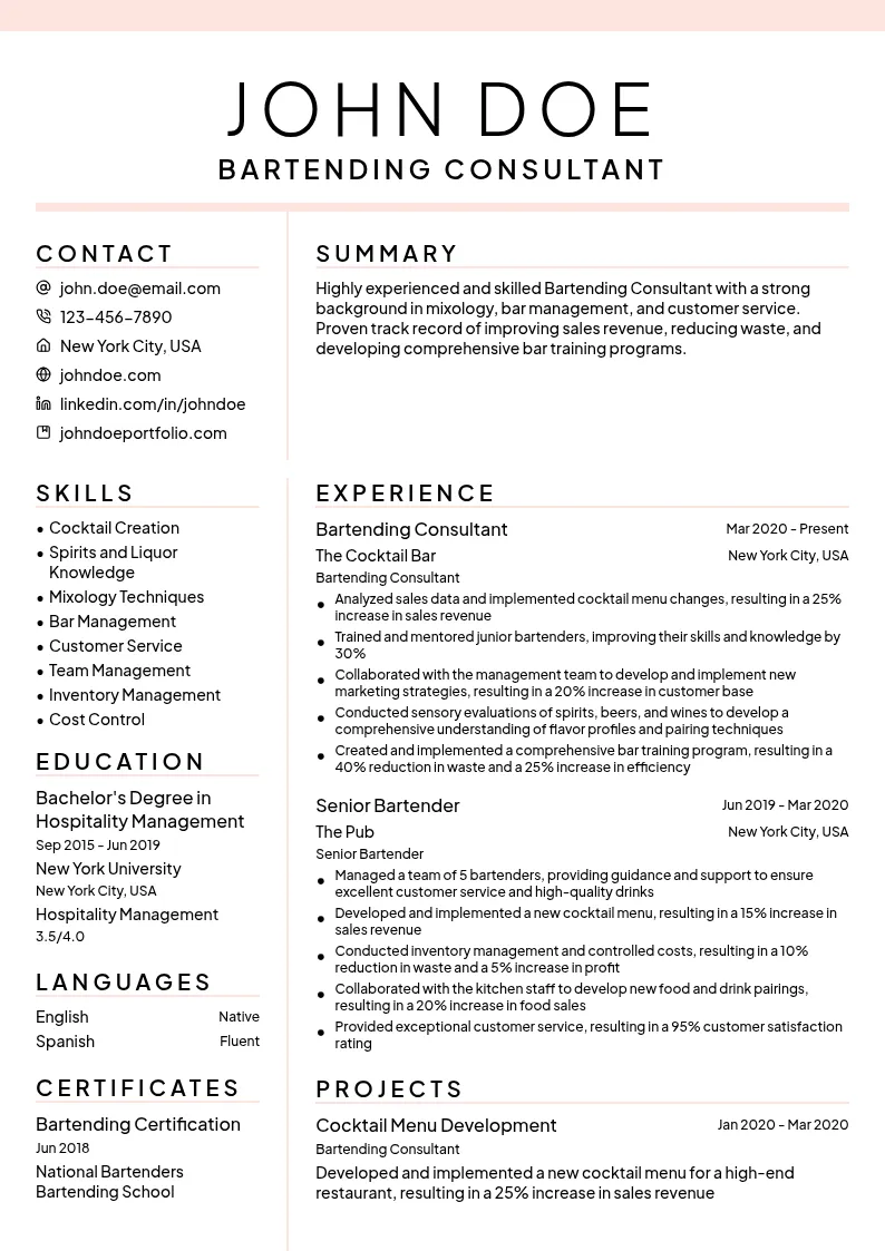 Bartending Consultant resume example