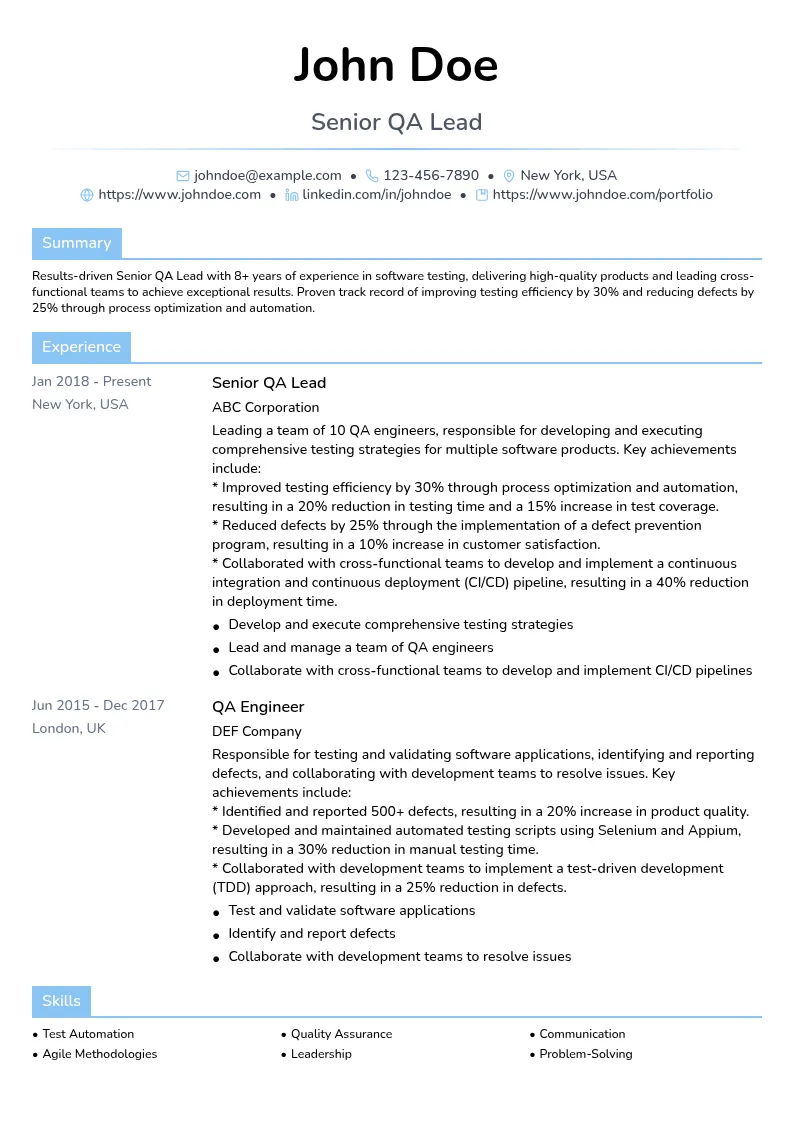 Senior QA Lead resume example