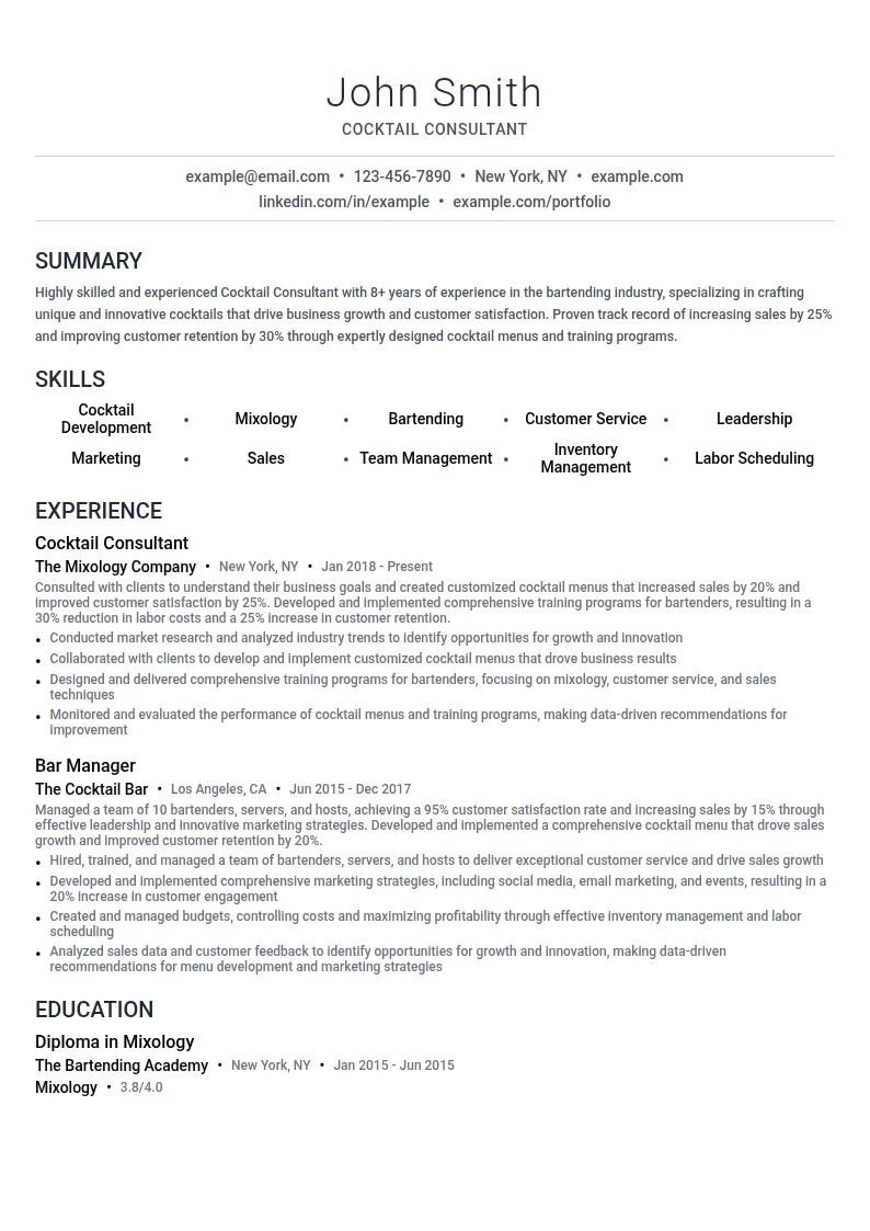 Cocktail Consultant resume example