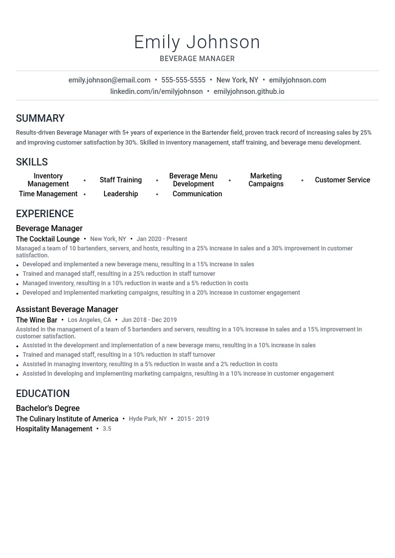 Beverage Manager resume example