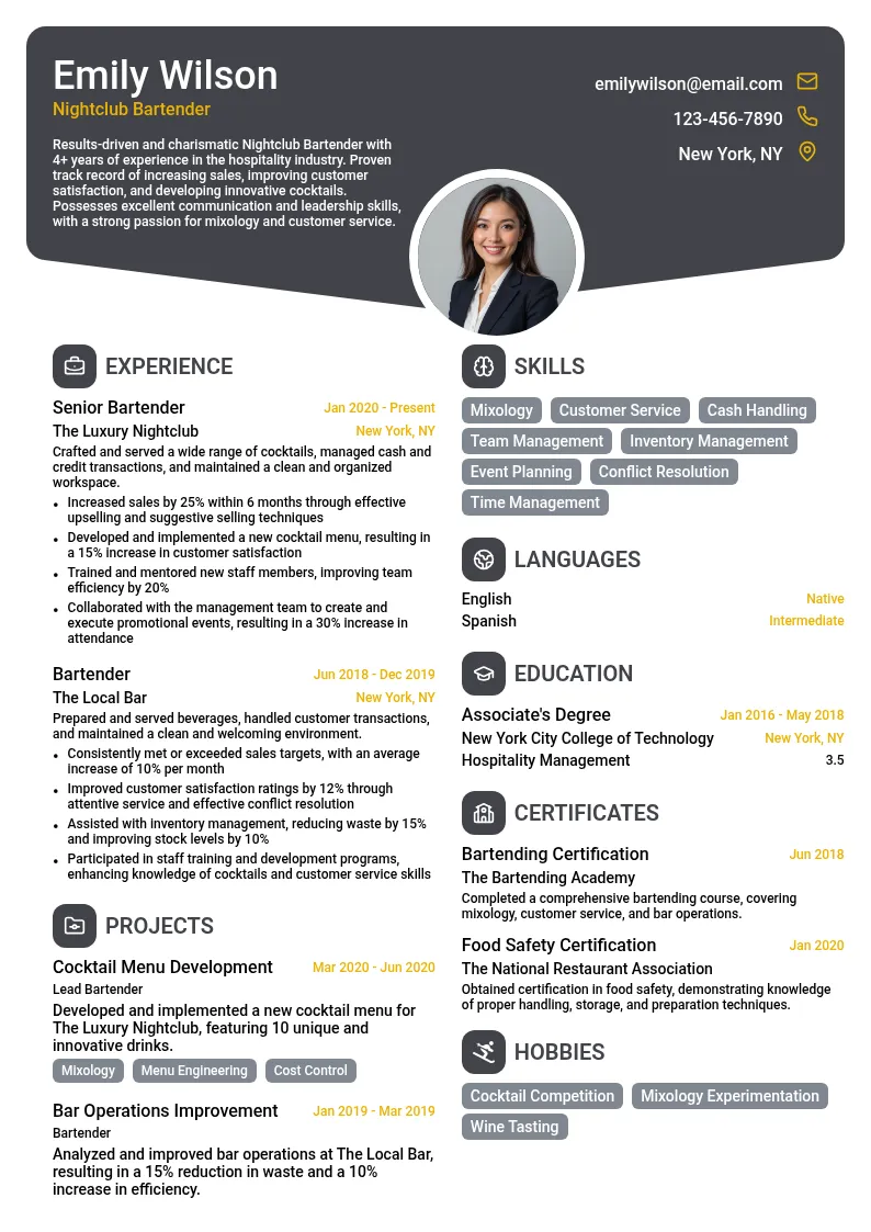 Nightclub Bartender resume example