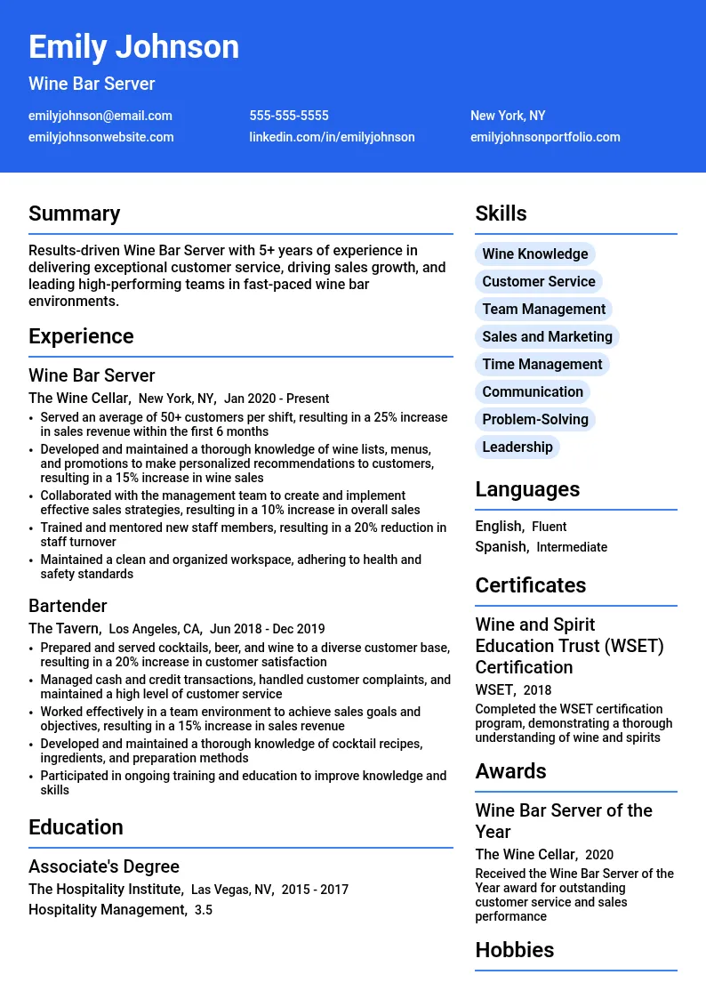 Wine Bar Server resume example