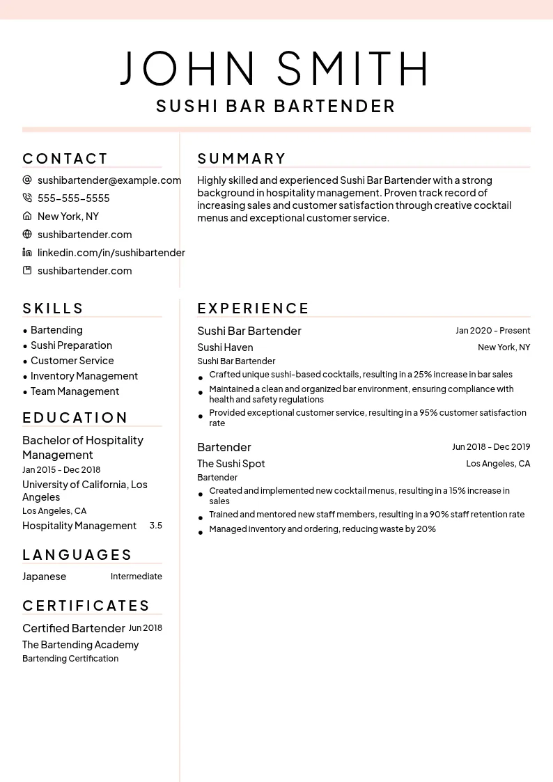 Sushi Bar Bartender resume example