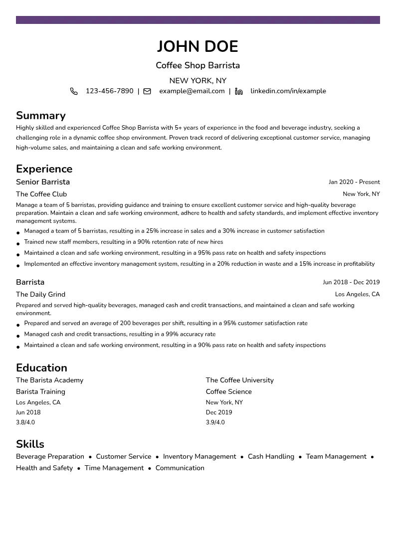 Coffee Shop Barrista resume example