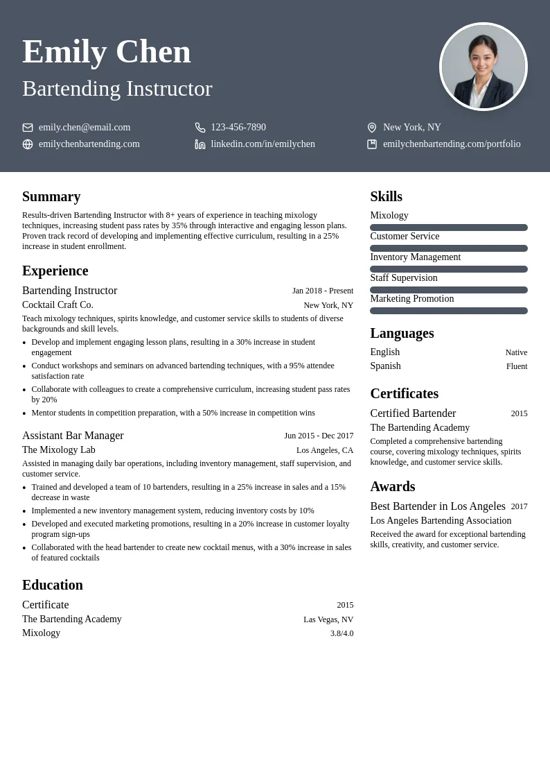 Bartending Instructor resume example