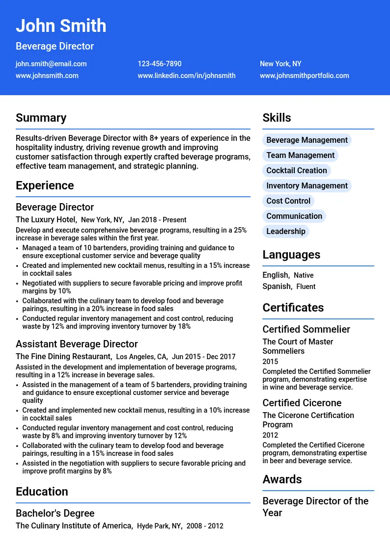 Beverage Director resume example