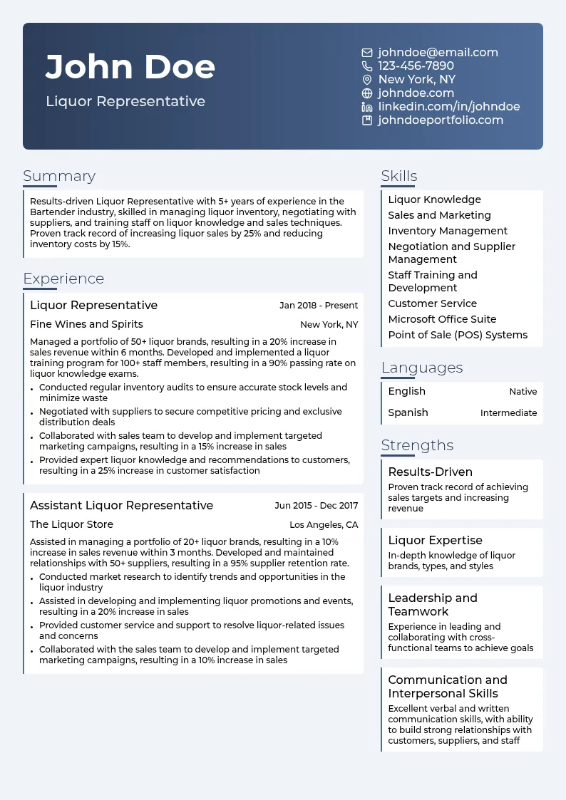 Liquor Representative resume example