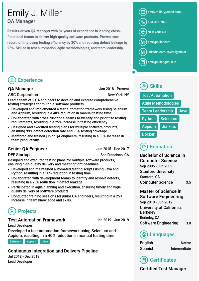 QA Manager resume example