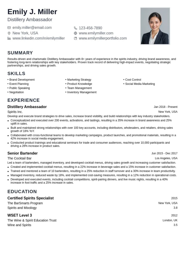 Distillery Ambassador resume example