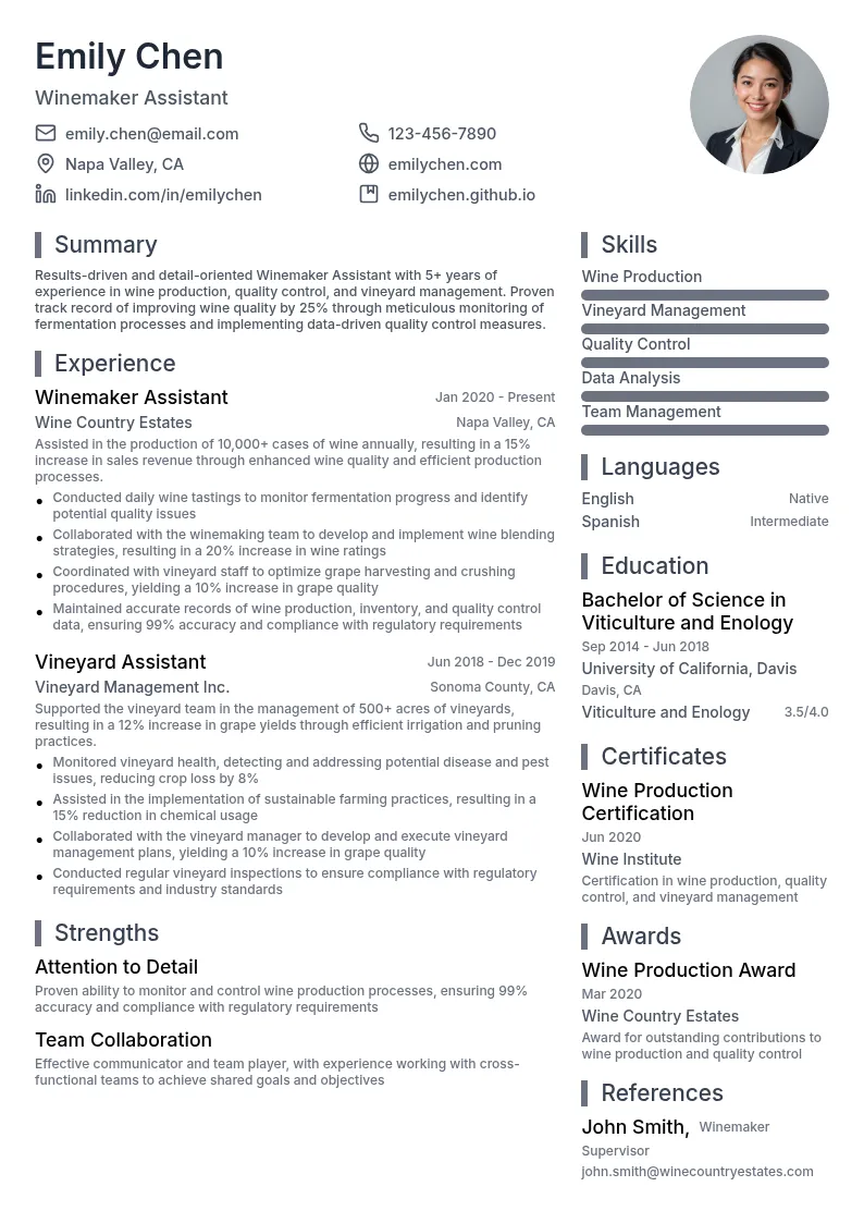 Winemaker Assistant resume example