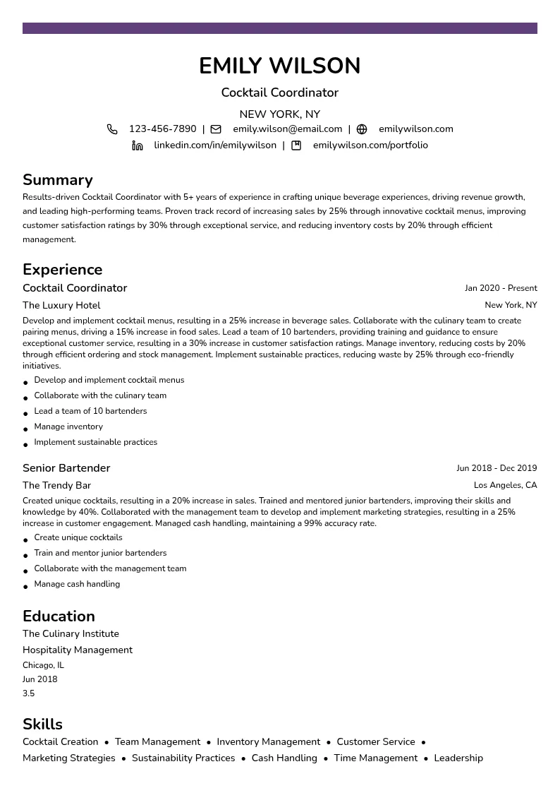 Cocktail Coordinator resume example