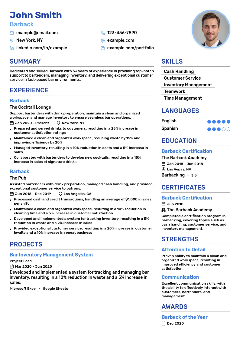 Barback resume example