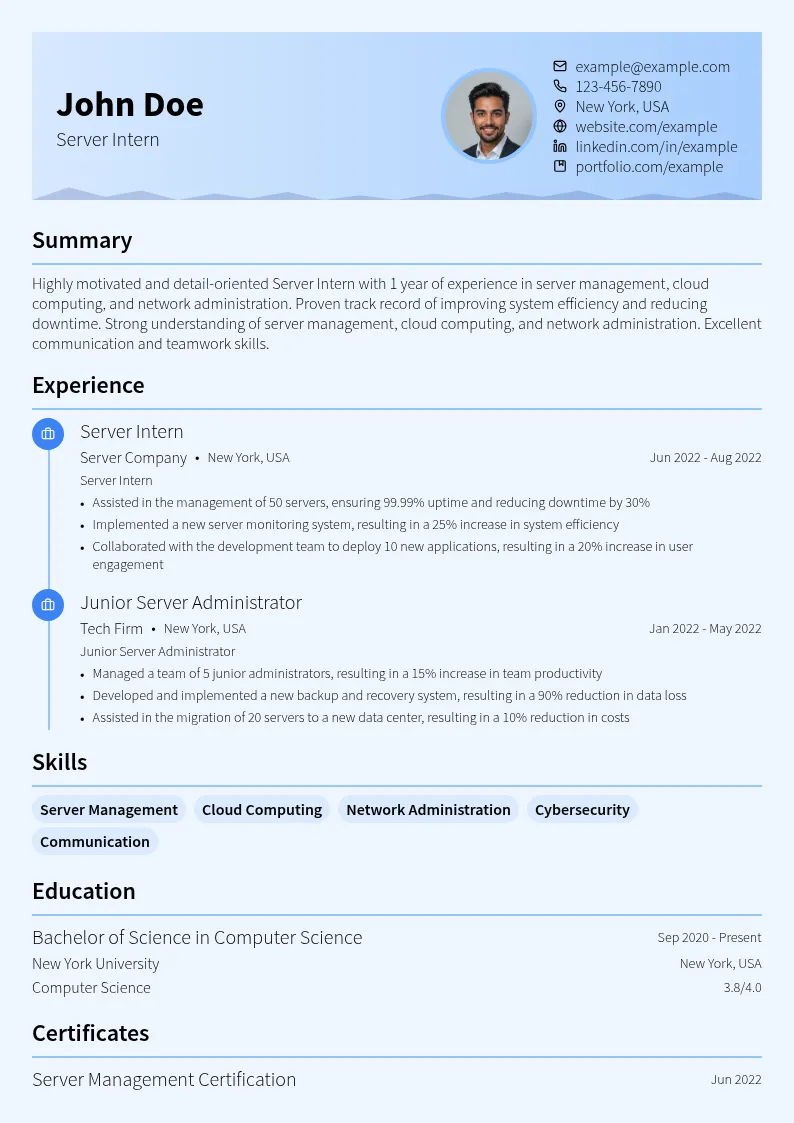 Server Intern resume example